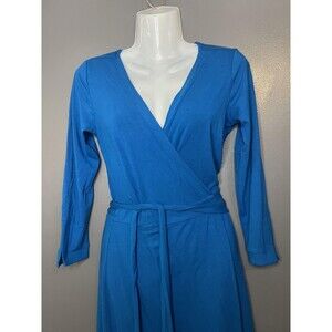 Ann Taylor Dress Womens 00 Blue Wrap Long Sleeve Jersey Knit Knee Length Work